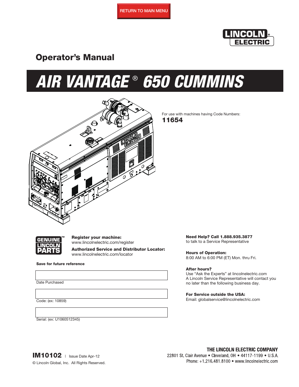 Lincoln Electric IM10102 AIR VANTAGE 650 User Manual | 60 pages