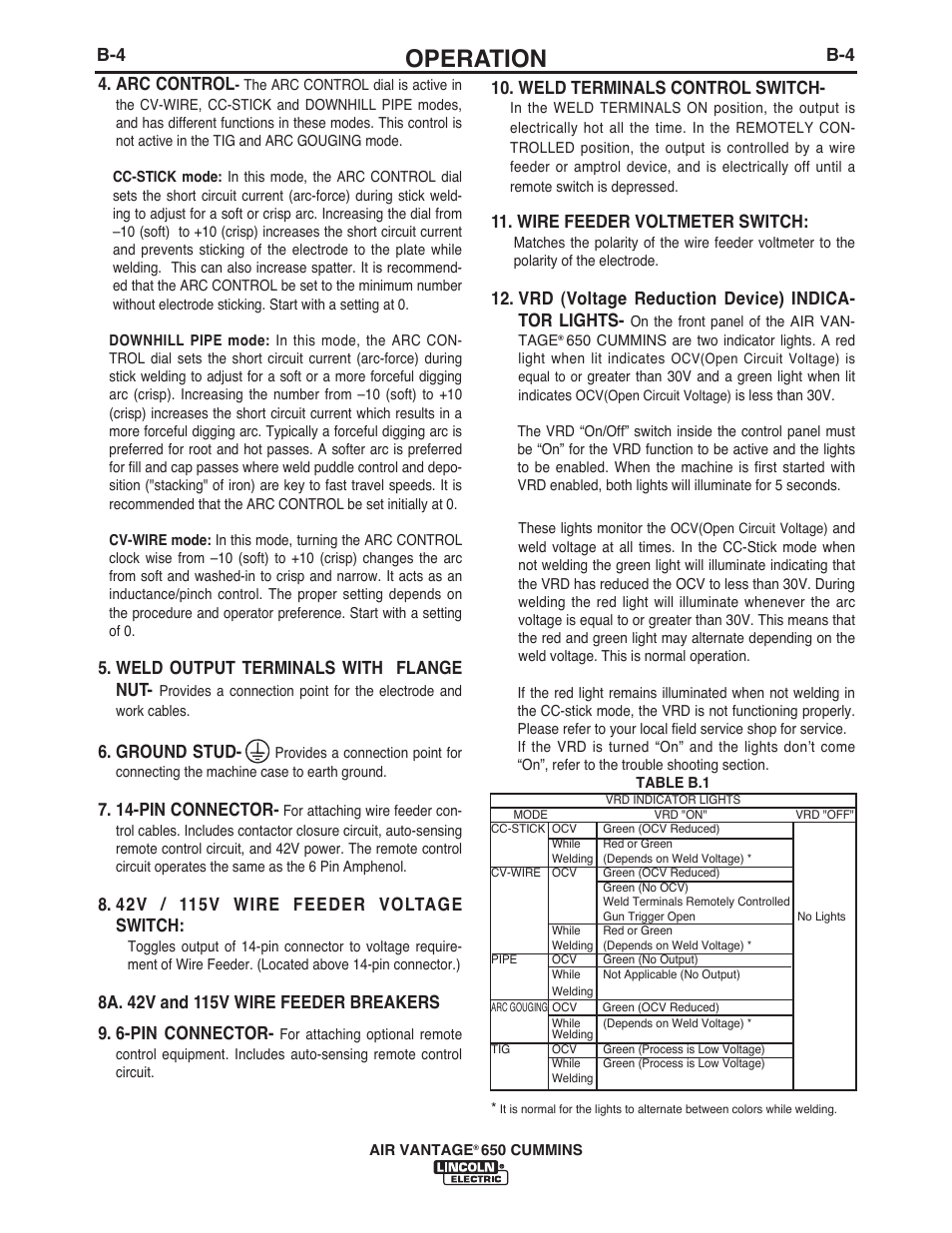 Operation, B-4 4. arc control, Weld output terminals with flange nut | Ground stud, 14-pin connector, Weld terminals control switch, Wire feeder voltmeter switch, Vrd (voltage reduction device) indica- tor lights | Lincoln Electric IM10102 AIR VANTAGE 650 User Manual | Page 25 / 60