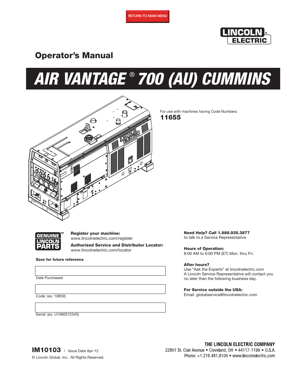 Lincoln Electric IM10103 AIR VANTAGE 700 (AU) User Manual | 57 pages