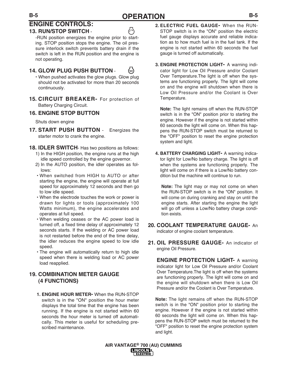 Operation, Engine controls | Lincoln Electric IM10103 AIR VANTAGE 700 (AU) User Manual | Page 25 / 57