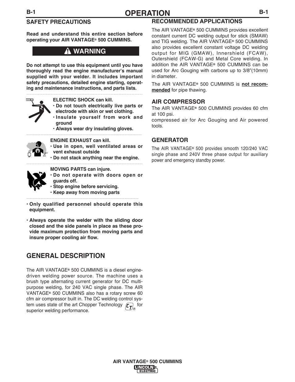 Operation, General description, Warning | Lincoln Electric IM10065 AIR VANTAGE 500 CUMMINS User Manual | Page 21 / 54