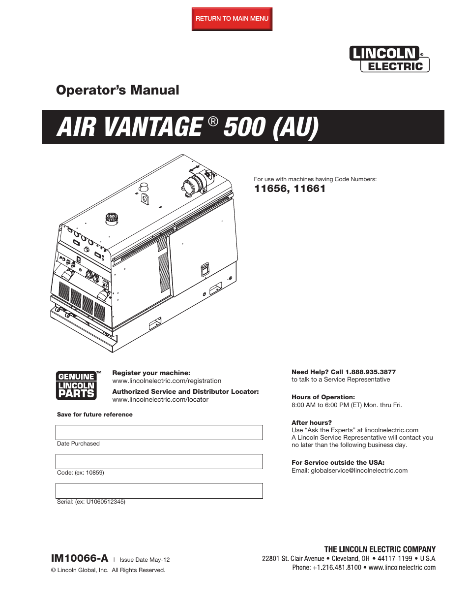 Lincoln Electric IM10066 AIR VANTAGE 500 (AU) User Manual | 56 pages