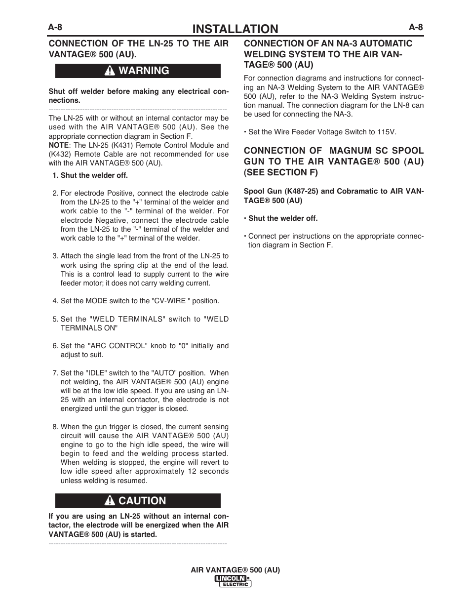 Installation, Warning caution | Lincoln Electric IM10066 AIR VANTAGE 500 (AU) User Manual | Page 18 / 56