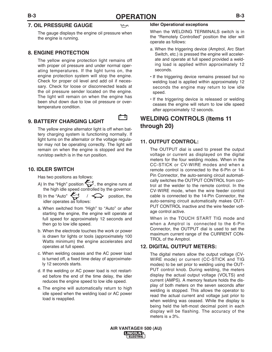 Operation, Welding controls (items 11 through 20) | Lincoln Electric IM10066 AIR VANTAGE 500 (AU) User Manual | Page 22 / 56