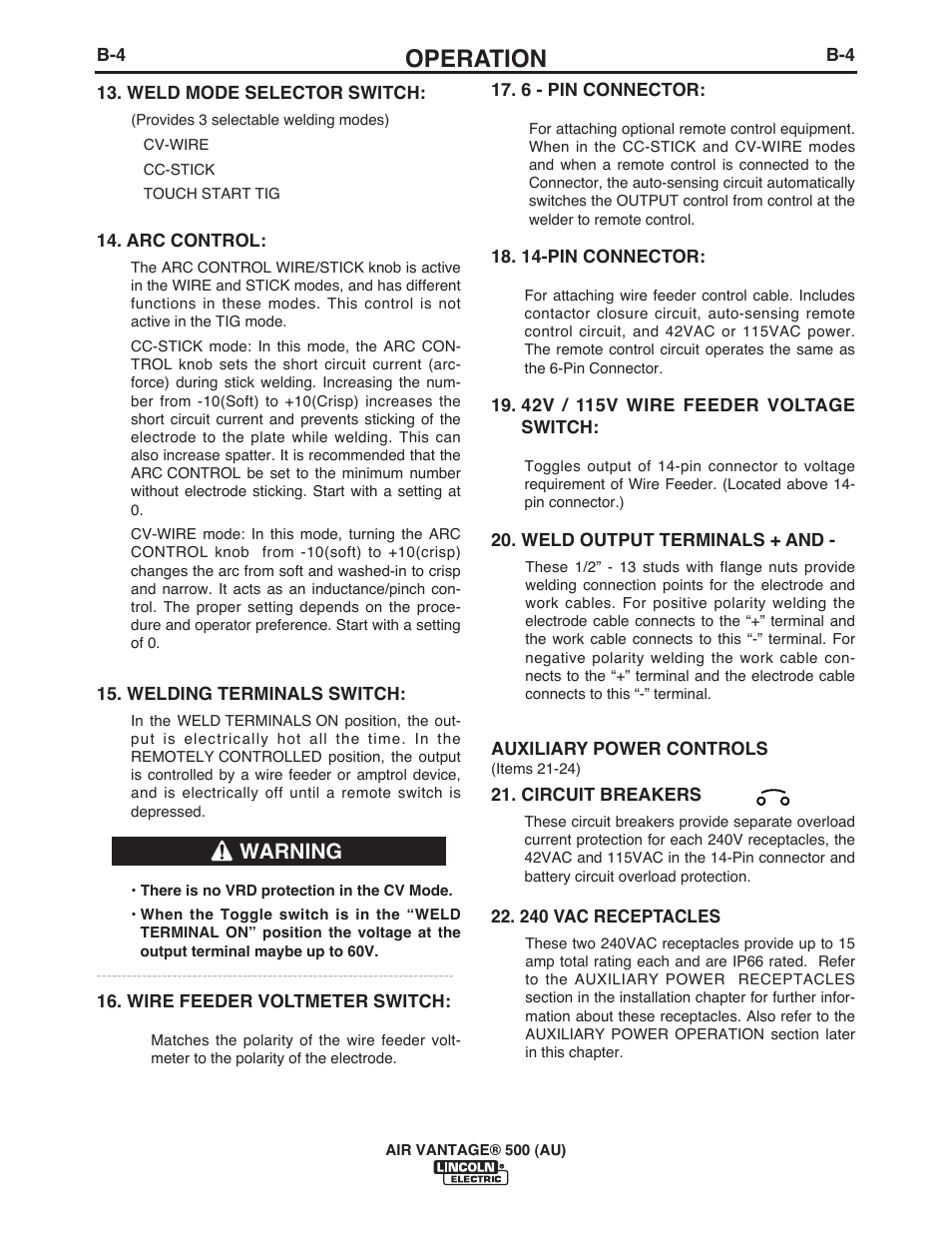 Operation, Warning | Lincoln Electric IM10066 AIR VANTAGE 500 (AU) User Manual | Page 23 / 56