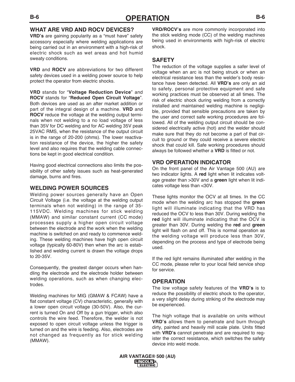 Operation | Lincoln Electric IM10066 AIR VANTAGE 500 (AU) User Manual | Page 25 / 56