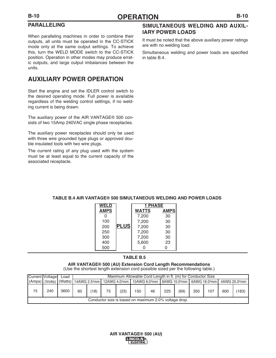 Operation, Auxiliary power operation, Paralleling | Simultaneous welding and auxil- iary power loads, B-10, Plus | Lincoln Electric IM10066 AIR VANTAGE 500 (AU) User Manual | Page 29 / 56