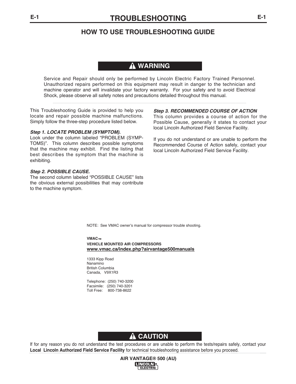 Troubleshooting, Caution, How to use troubleshooting guide | Warning | Lincoln Electric IM10066 AIR VANTAGE 500 (AU) User Manual | Page 35 / 56