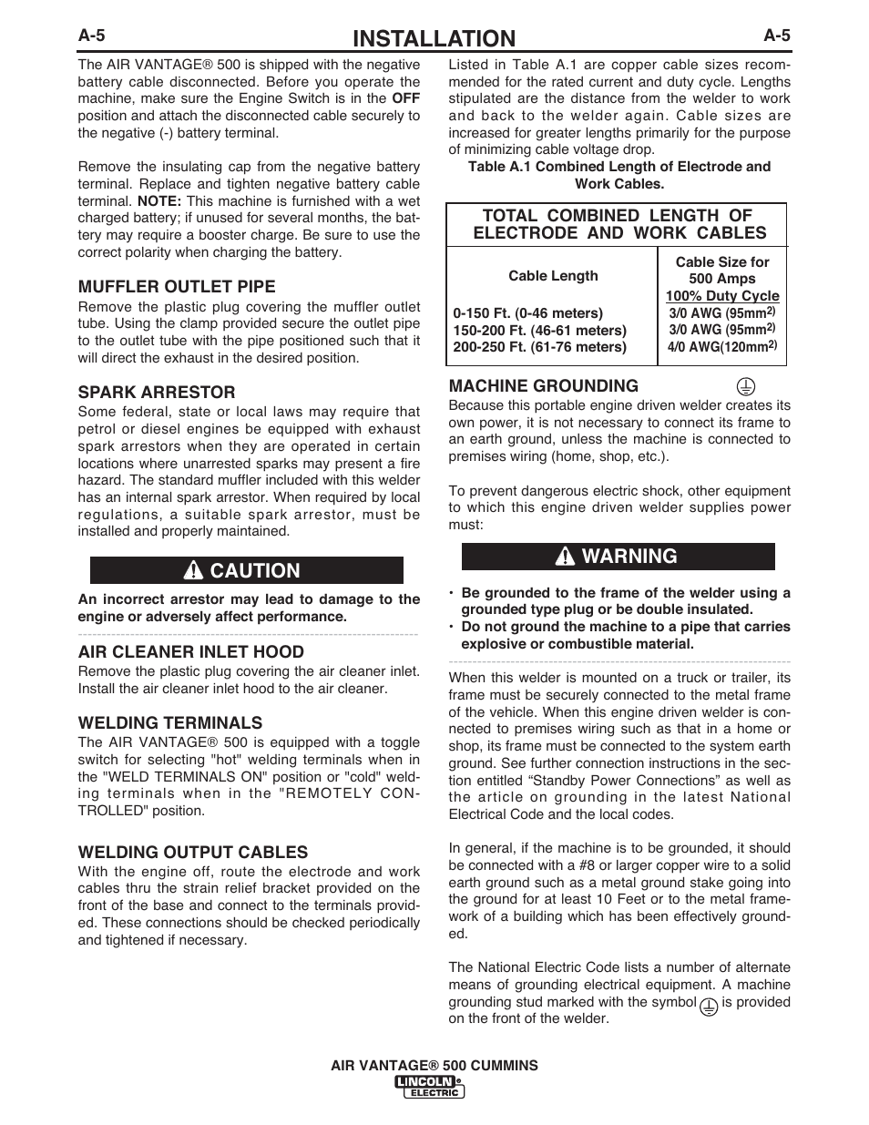 Installation, Caution, Warning | Lincoln Electric IM10041 VANTAGE 500 CUMMINS User Manual | Page 15 / 56