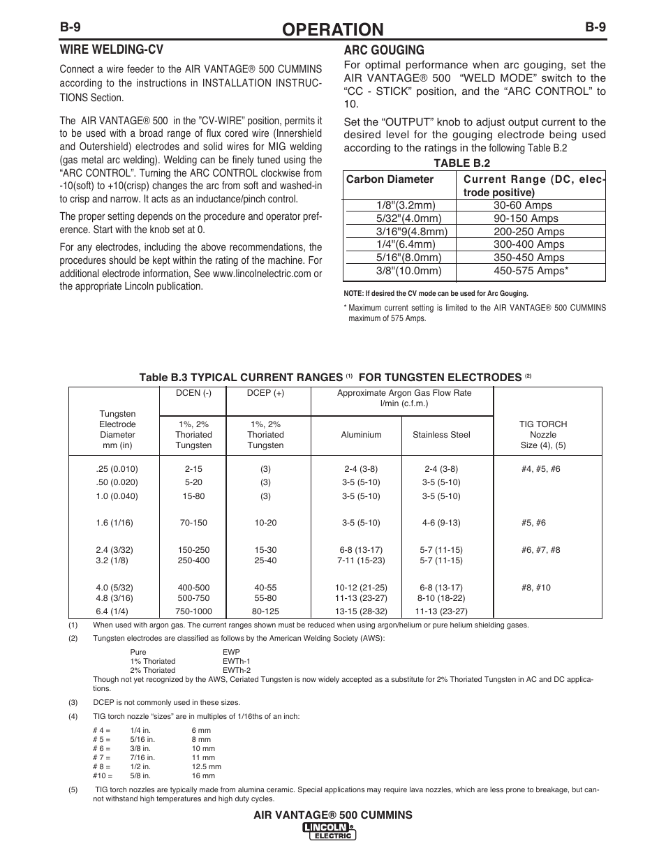 Operation, Arc gouging, Wire welding-cv | Lincoln Electric IM10041 VANTAGE 500 CUMMINS User Manual | Page 28 / 56