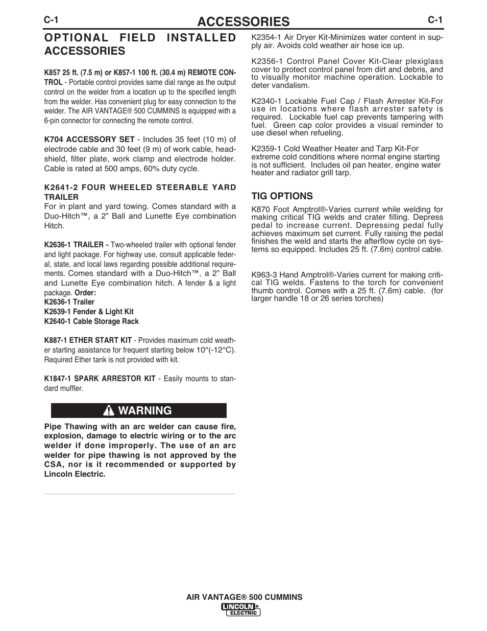 Accessories, Optional field installed accessories, Warning | Lincoln Electric IM10041 VANTAGE 500 CUMMINS User Manual | Page 30 / 56