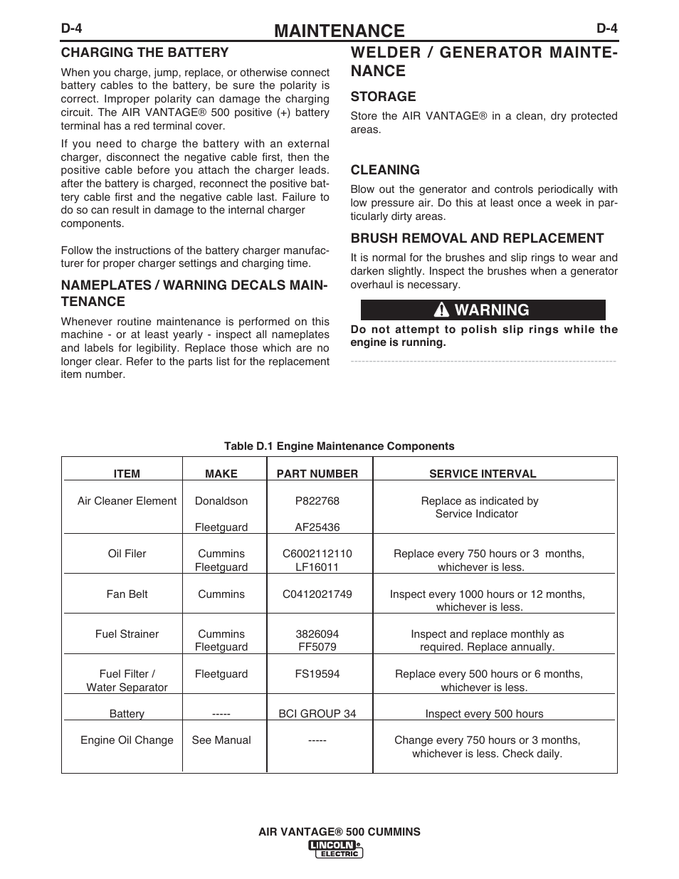 Maintenance, Welder / generator mainte- nance, Warning | Lincoln Electric IM10041 VANTAGE 500 CUMMINS User Manual | Page 34 / 56