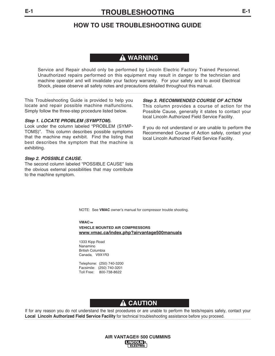 Troubleshooting, Caution, How to use troubleshooting guide | Warning | Lincoln Electric IM10041 VANTAGE 500 CUMMINS User Manual | Page 35 / 56