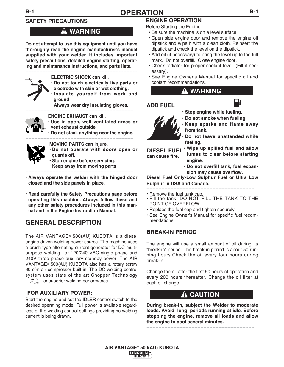 Operation, General description, Warning | Warning caution | Lincoln Electric IM10128 AIR VANTAGE 500 KUBOTA (AU) User Manual | Page 18 / 56
