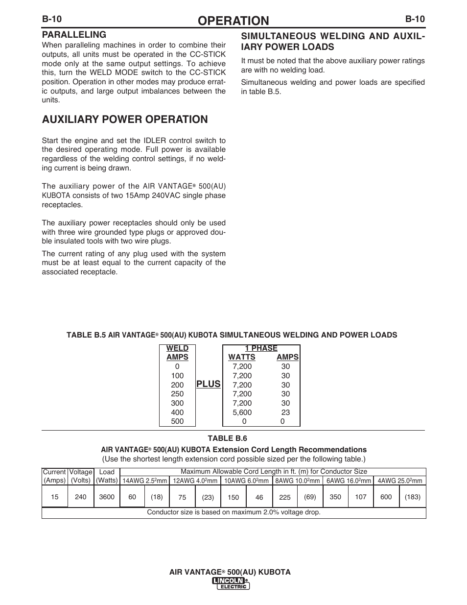 Operation, Auxiliary power operation, Paralleling | Simultaneous welding and auxil- iary power loads, B-10, Plus | Lincoln Electric IM10128 AIR VANTAGE 500 KUBOTA (AU) User Manual | Page 27 / 56