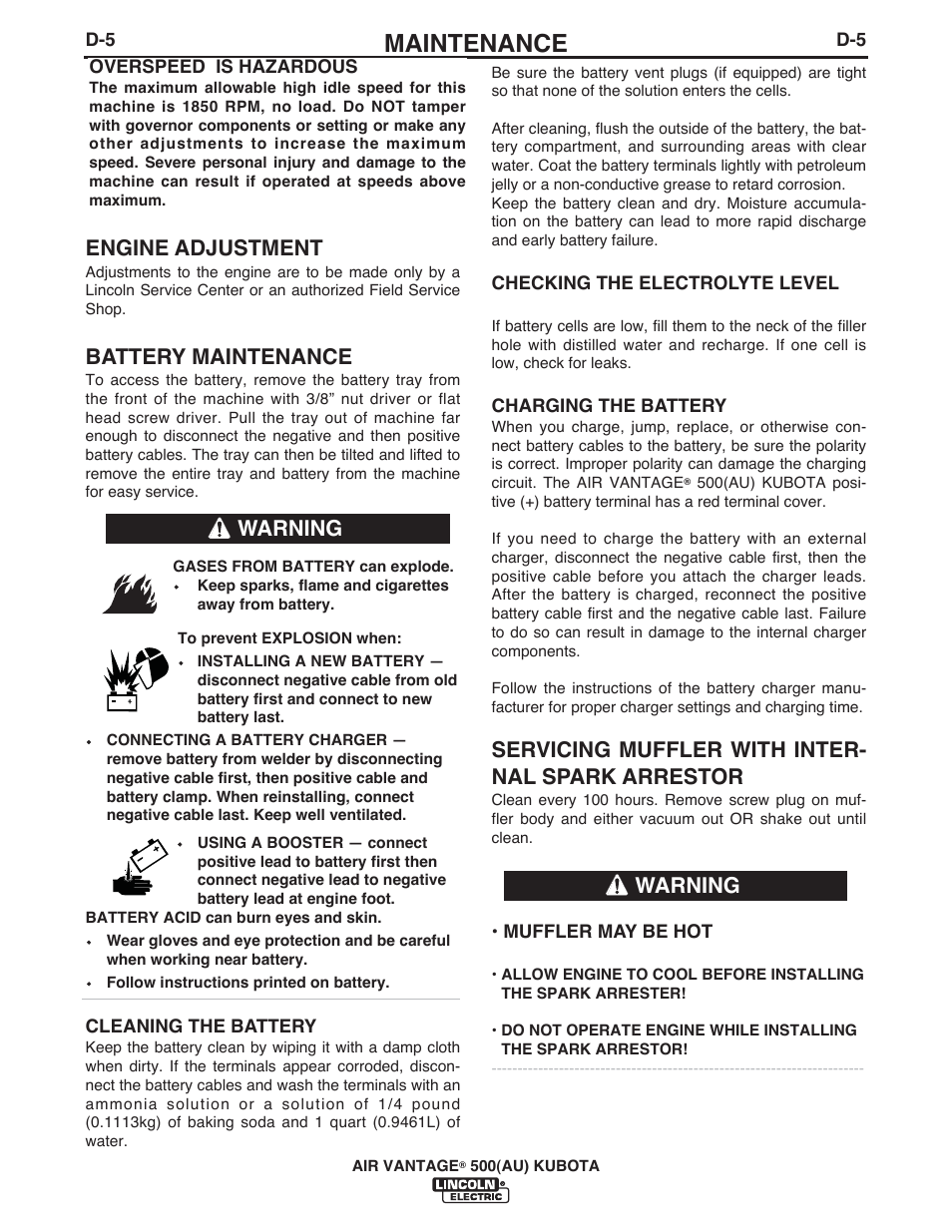 Maintenance, Engine adjustment, Battery maintenance | Servicing muffler with inter- nal spark arrestor, Warning | Lincoln Electric IM10128 AIR VANTAGE 500 KUBOTA (AU) User Manual | Page 33 / 56