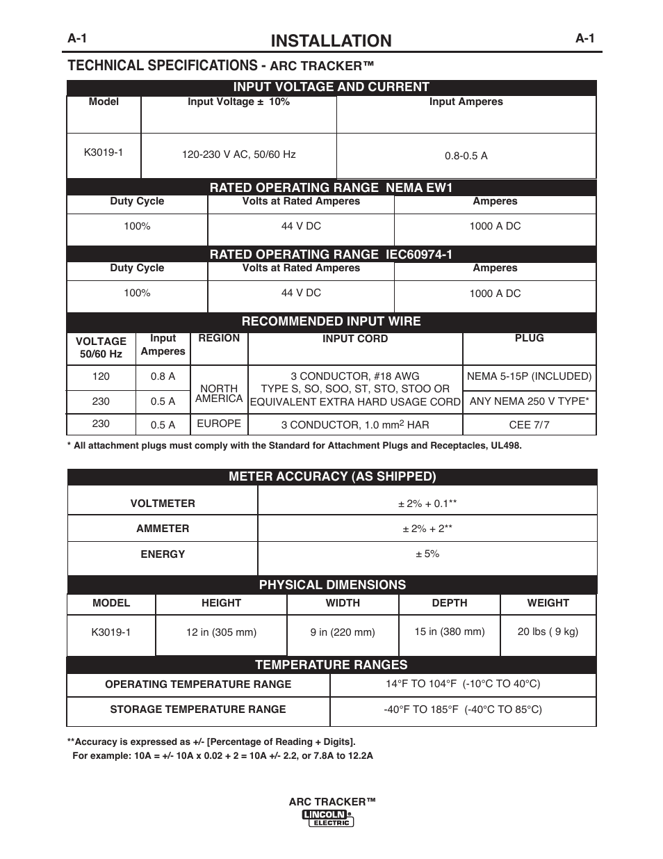 Installation, Technical specifications | Lincoln Electric IM10090 ARC TRACKER User Manual | Page 10 / 48