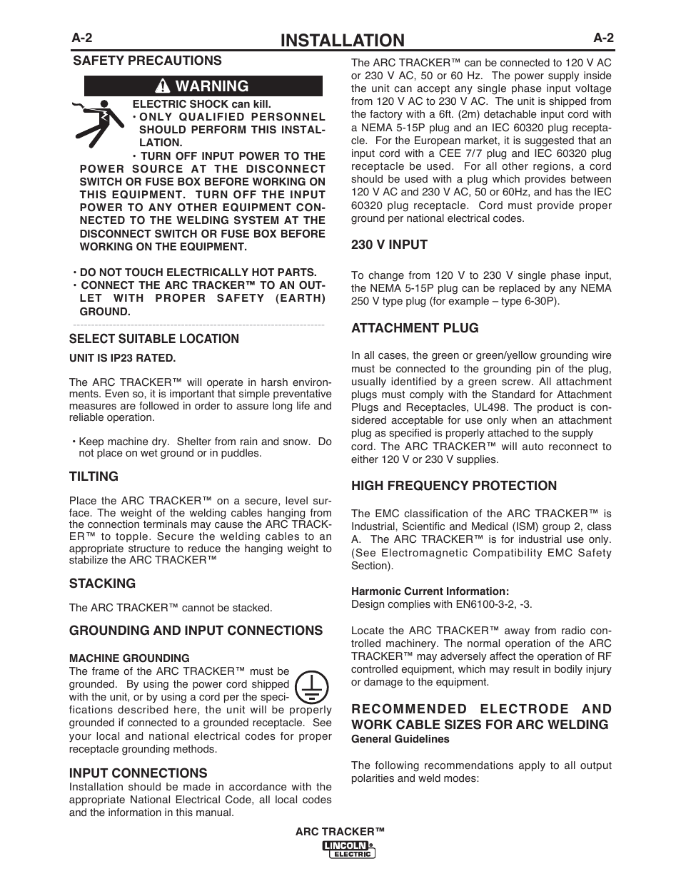 Installation, Warning | Lincoln Electric IM10090 ARC TRACKER User Manual | Page 11 / 48