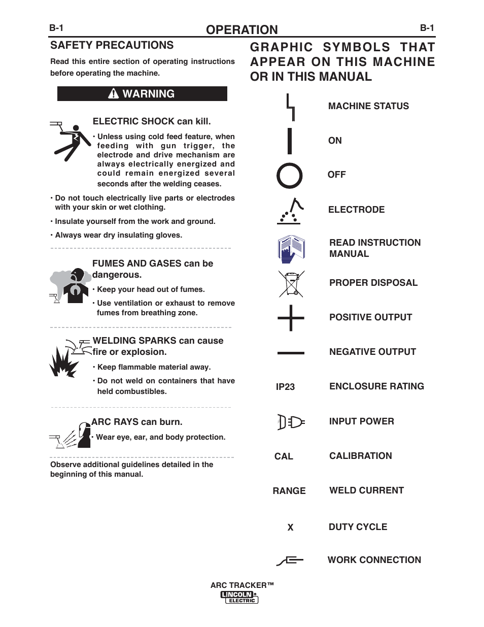 Operation, Safety precautions, Warning | Lincoln Electric IM10090 ARC TRACKER User Manual | Page 14 / 48