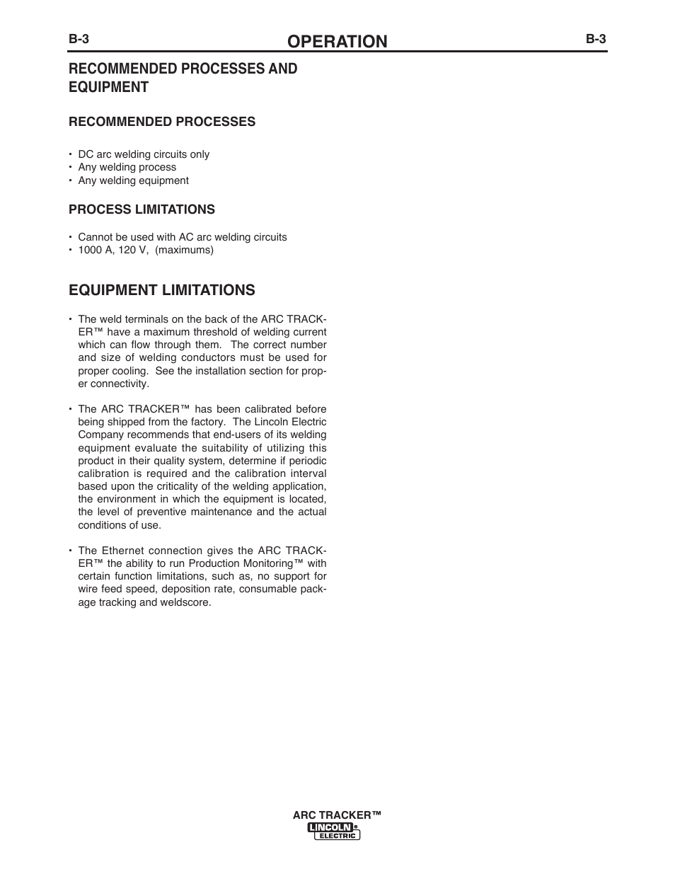 Operation, Recommended processes and equipment, Equipment limitations | Lincoln Electric IM10090 ARC TRACKER User Manual | Page 16 / 48