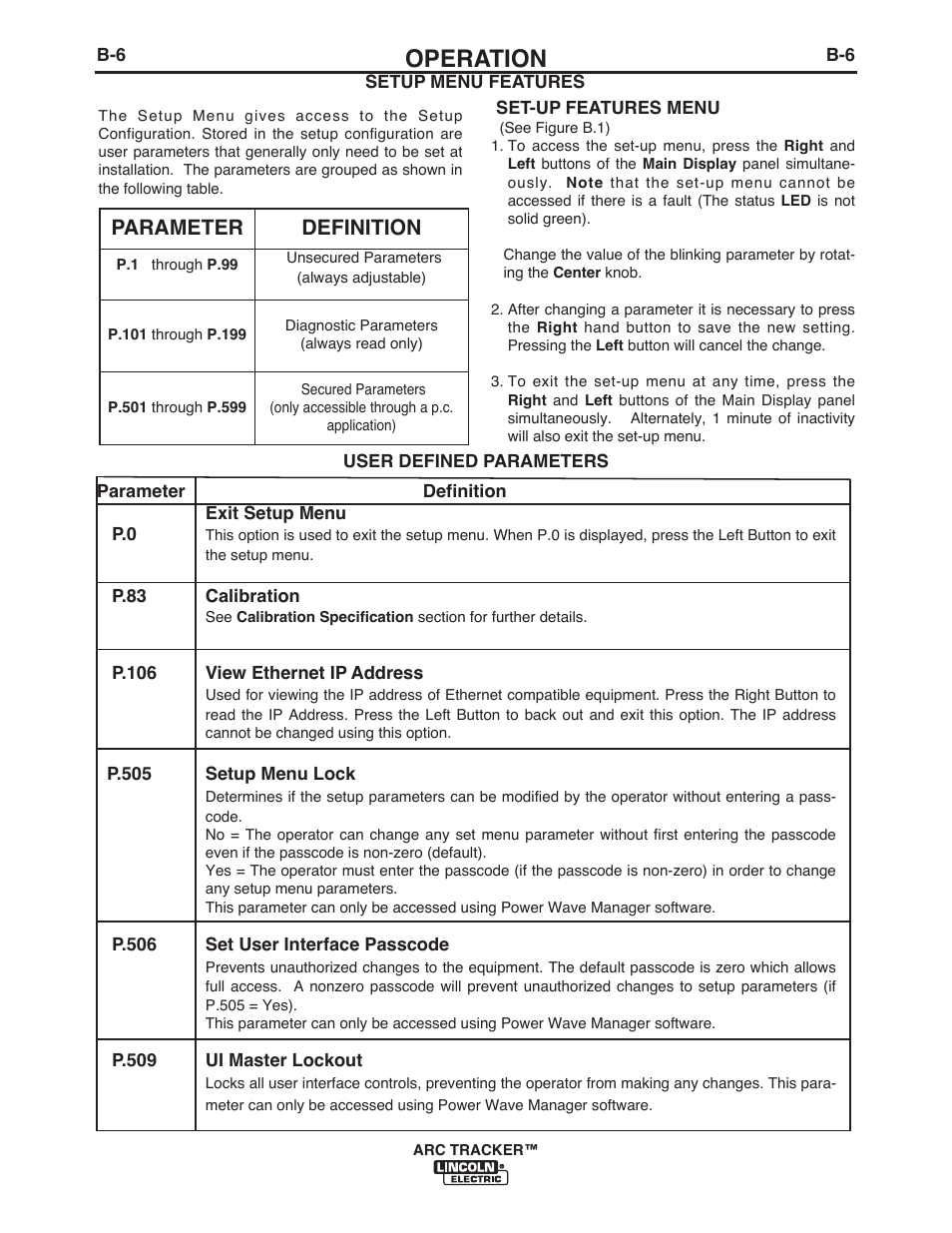 Operation, Parameter definition | Lincoln Electric IM10090 ARC TRACKER User Manual | Page 19 / 48