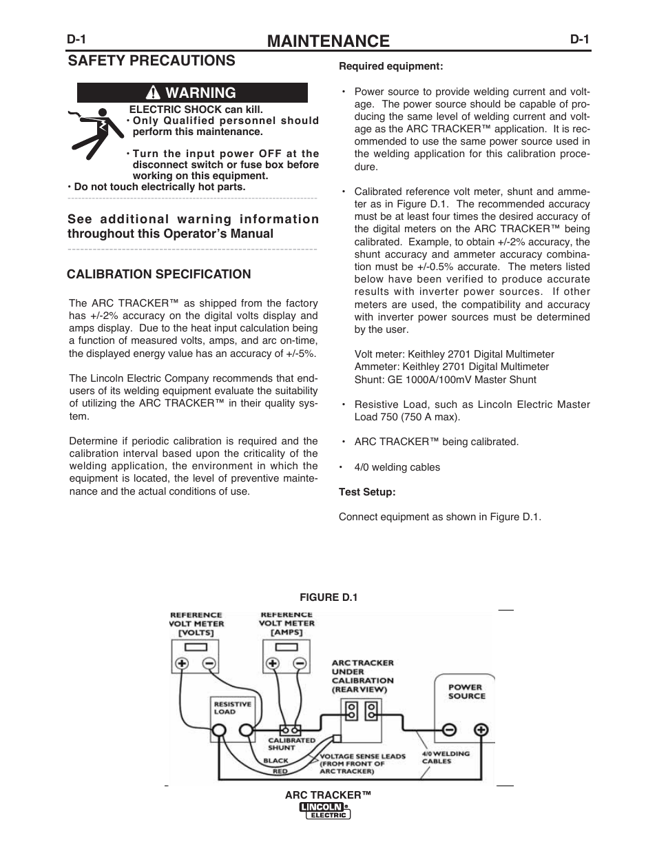 Maintenance, Safety precautions, Warning | Lincoln Electric IM10090 ARC TRACKER User Manual | Page 20 / 48