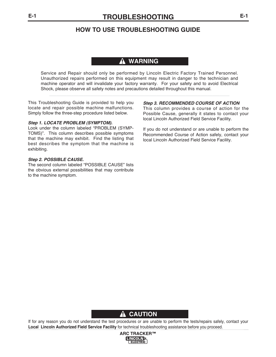 Troubleshooting, Caution, How to use troubleshooting guide | Warning | Lincoln Electric IM10090 ARC TRACKER User Manual | Page 24 / 48