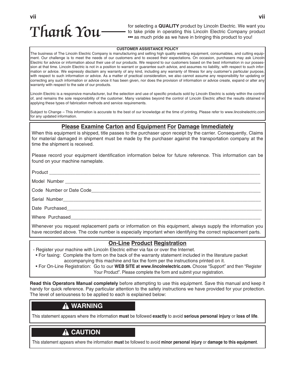 Warning, Caution | Lincoln Electric IM10090 ARC TRACKER User Manual | Page 8 / 48