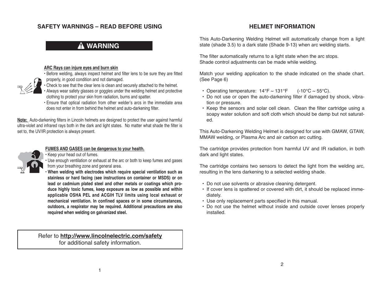 Warning | Lincoln Electric IM10147 AUTO-DARKENING HELMET User Manual | Page 4 / 12