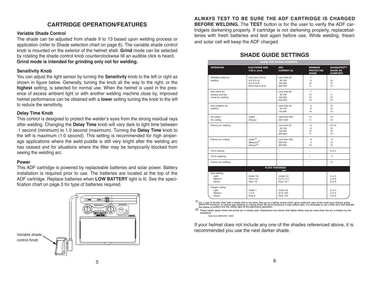 Cartridge operation/features, Shade guide settings, Variable shade control knob | Lincoln Electric IM10147 AUTO-DARKENING HELMET User Manual | Page 7 / 12