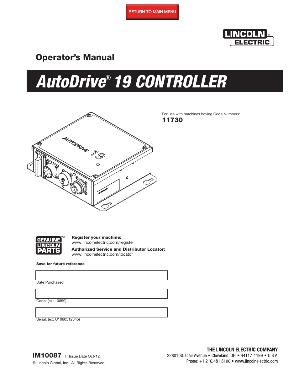 Lincoln Electric IM10087 AutoDrive 19 CONTROLLER User Manual | 28 pages