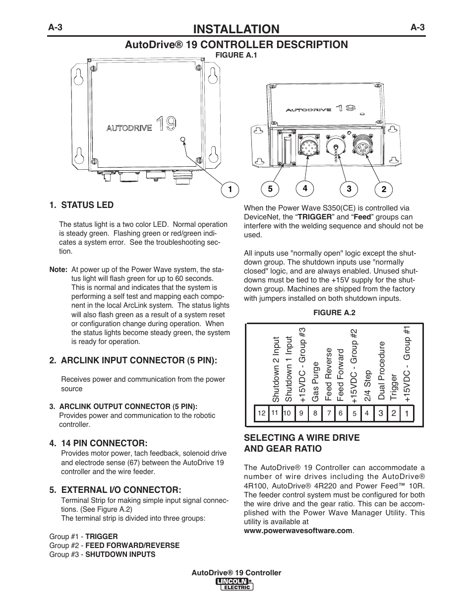 Installation, Autodrive® 19 controller description | Lincoln Electric IM10087 AutoDrive 19 CONTROLLER User Manual | Page 10 / 28