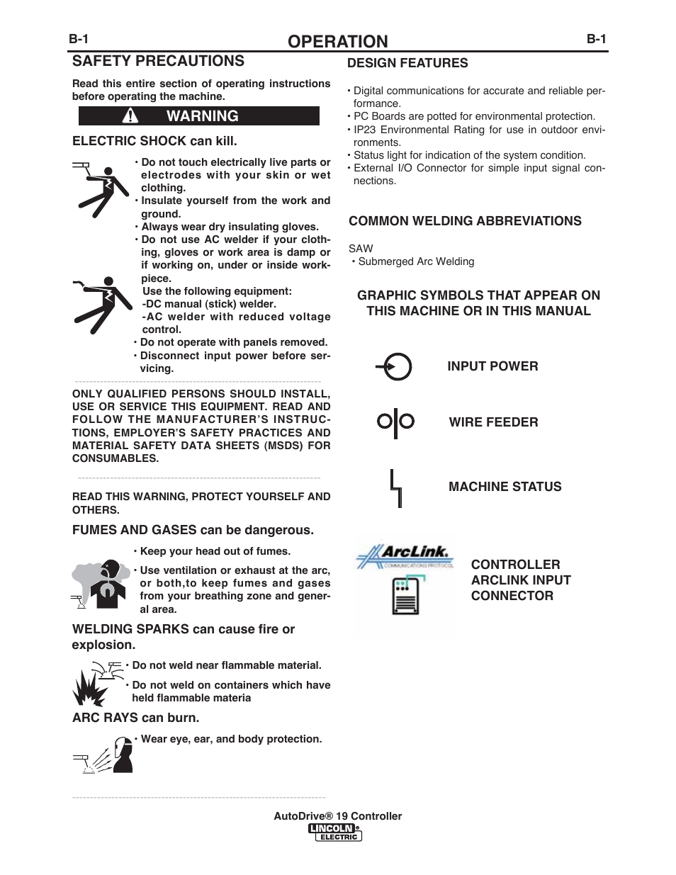 Operation, Safety precautions, Warning | Lincoln Electric IM10087 AutoDrive 19 CONTROLLER User Manual | Page 14 / 28