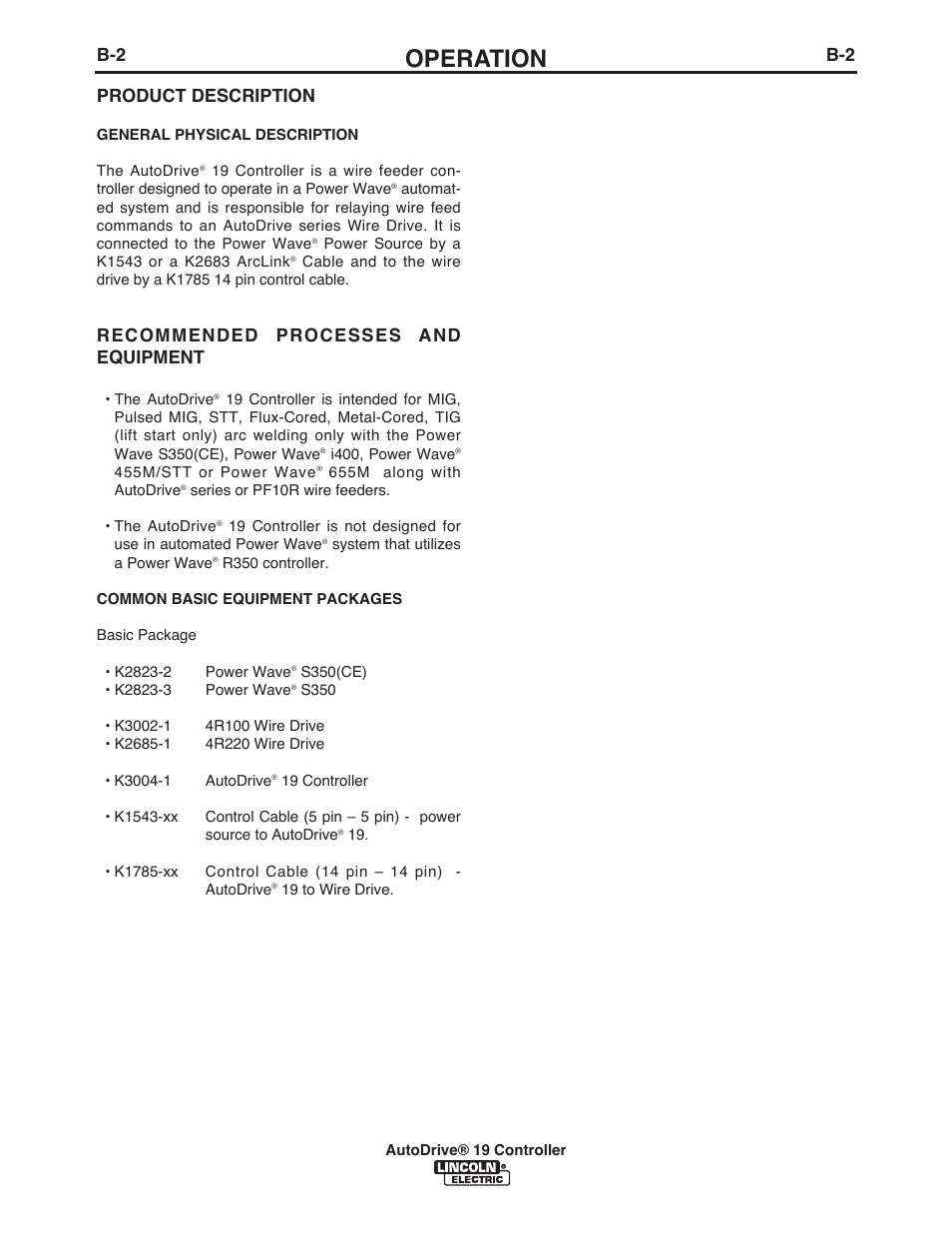 Operation, Product description, Recommended processes and equipment | Lincoln Electric IM10087 AutoDrive 19 CONTROLLER User Manual | Page 15 / 28