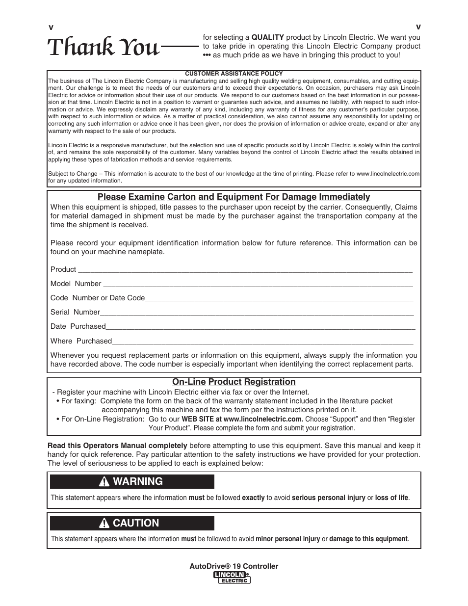 Warning, Caution | Lincoln Electric IM10087 AutoDrive 19 CONTROLLER User Manual | Page 6 / 28