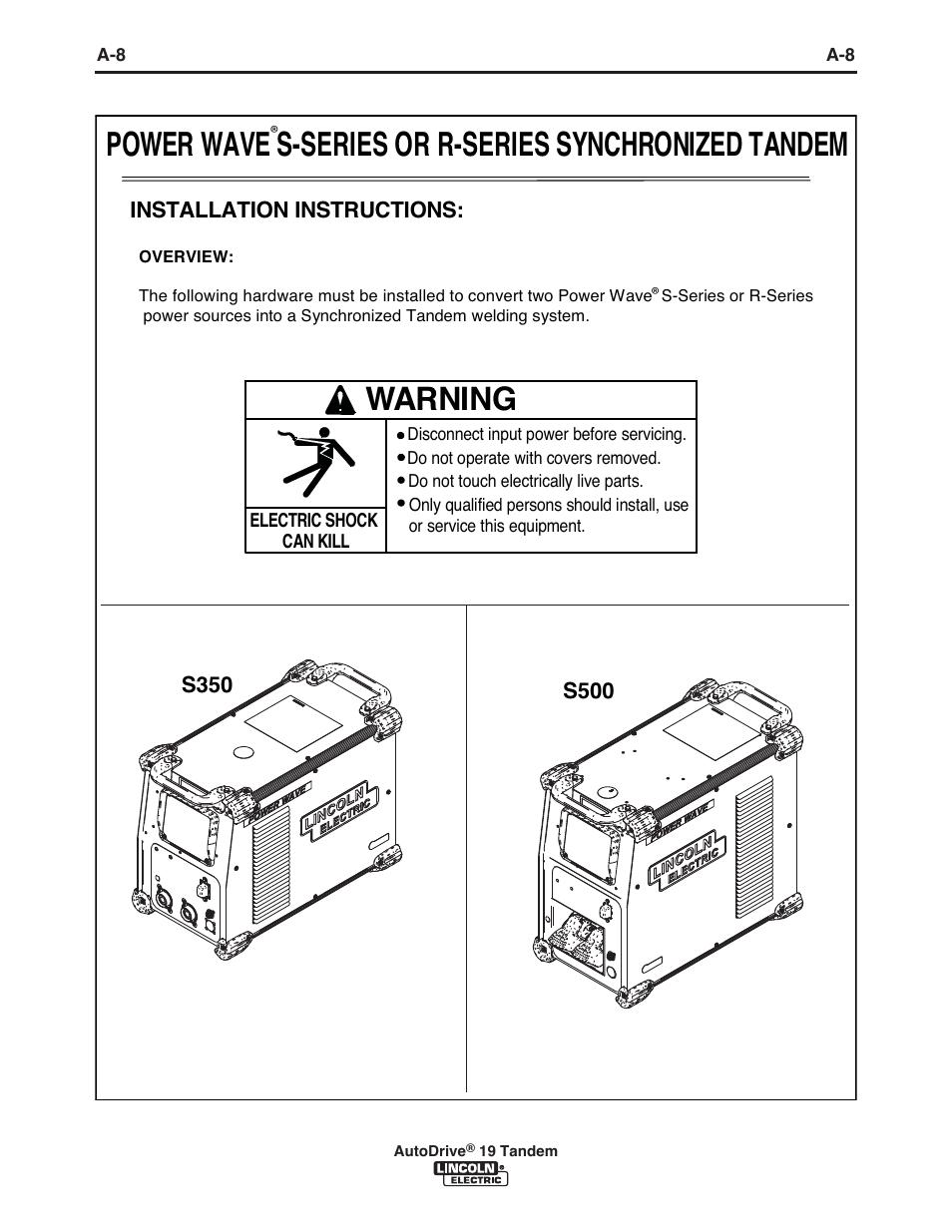 Warning, Installation | Lincoln Electric IM10125 AutoDrive 19 TANDEM User Manual | Page 15 / 34