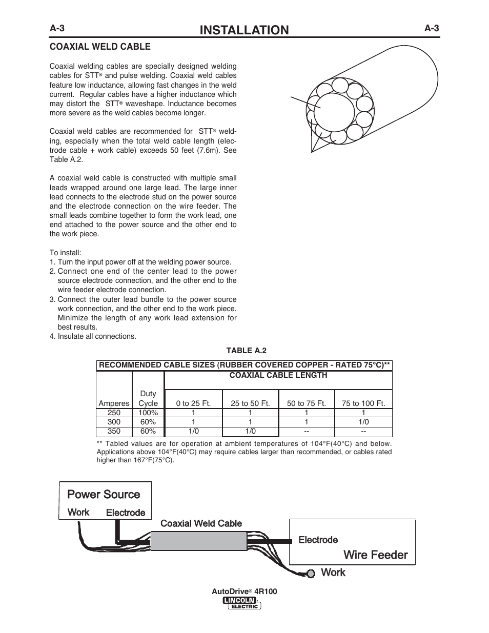 Installation, Power source, Wire feeder | El ec t r ode, El ec t r ode wor k or k, Work | Lincoln Electric IM10069 AutoDrive 4R100 User Manual | Page 10 / 32