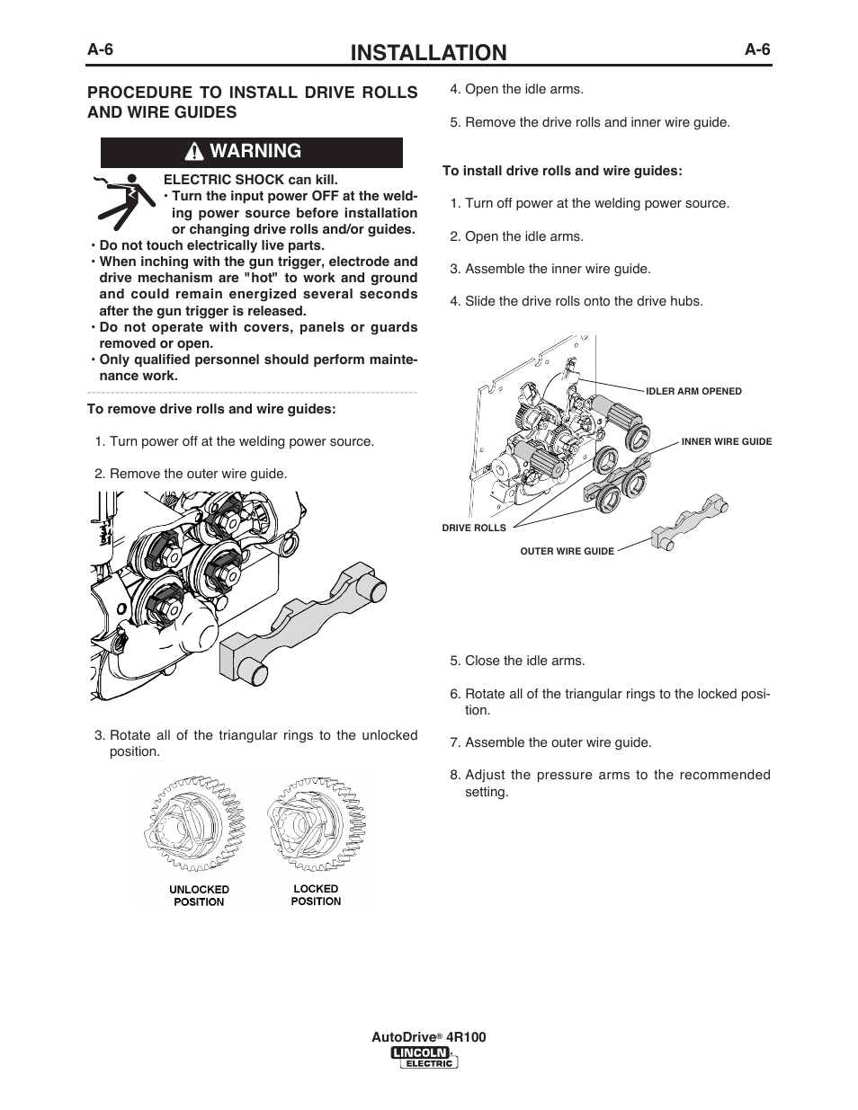 Installation, Warning | Lincoln Electric IM10069 AutoDrive 4R100 User Manual | Page 13 / 32