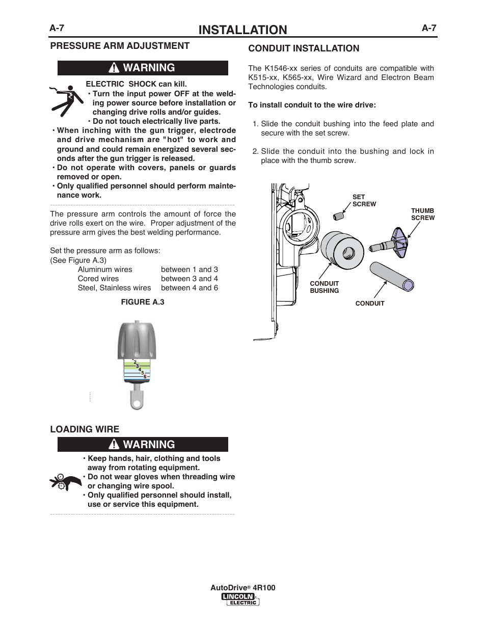 Installation, Warning | Lincoln Electric IM10069 AutoDrive 4R100 User Manual | Page 14 / 32