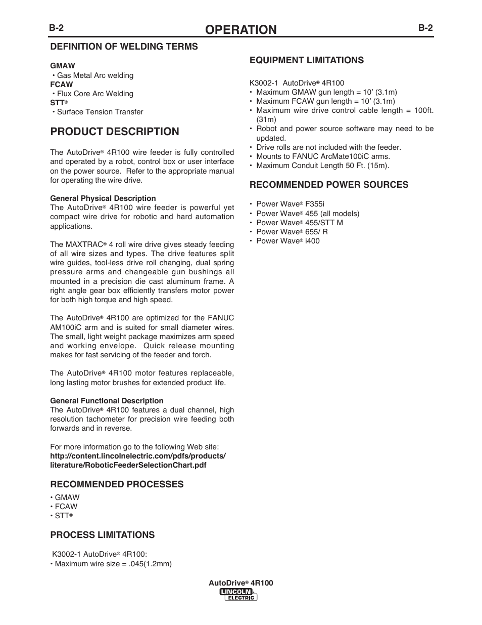 Operation, Product description, Definition of welding terms | Recommended processes, Process limitations, Equipment limitations, Recommended power sources | Lincoln Electric IM10069 AutoDrive 4R100 User Manual | Page 17 / 32