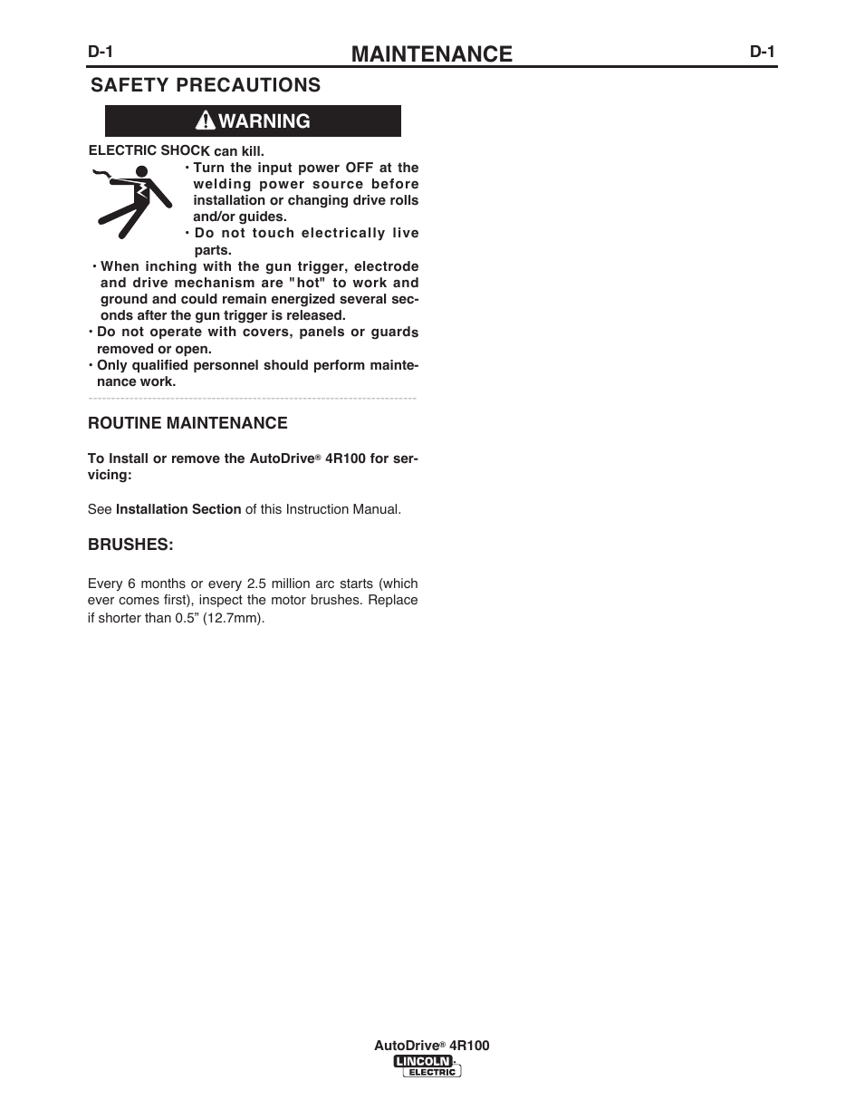 Maintenance, Warning safety precautions | Lincoln Electric IM10069 AutoDrive 4R100 User Manual | Page 21 / 32