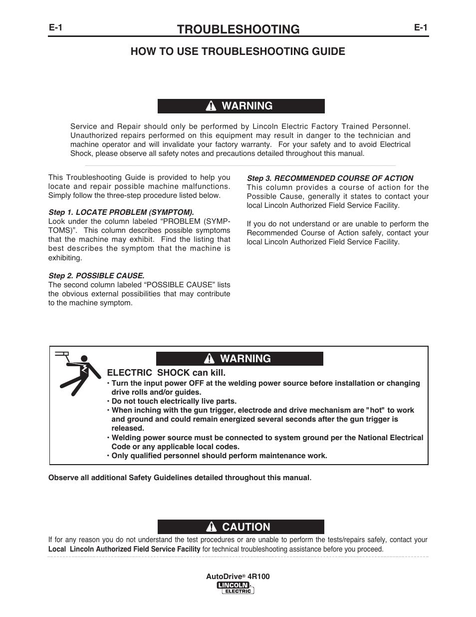 Troubleshooting, Caution, How to use troubleshooting guide | Warning | Lincoln Electric IM10069 AutoDrive 4R100 User Manual | Page 22 / 32