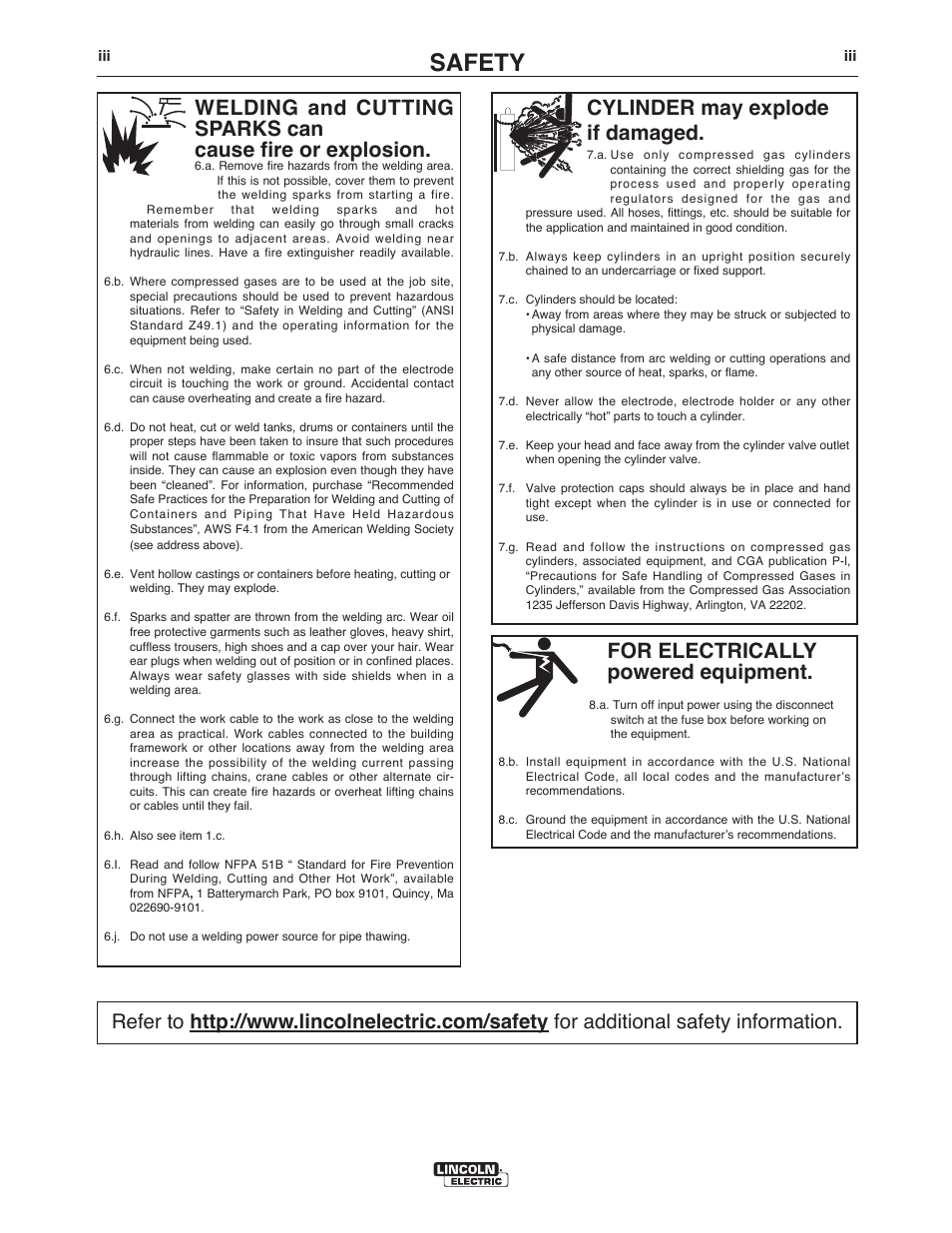 Safety, For electrically powered equipment, Cylinder may explode if damaged | Lincoln Electric IM10069 AutoDrive 4R100 User Manual | Page 4 / 32