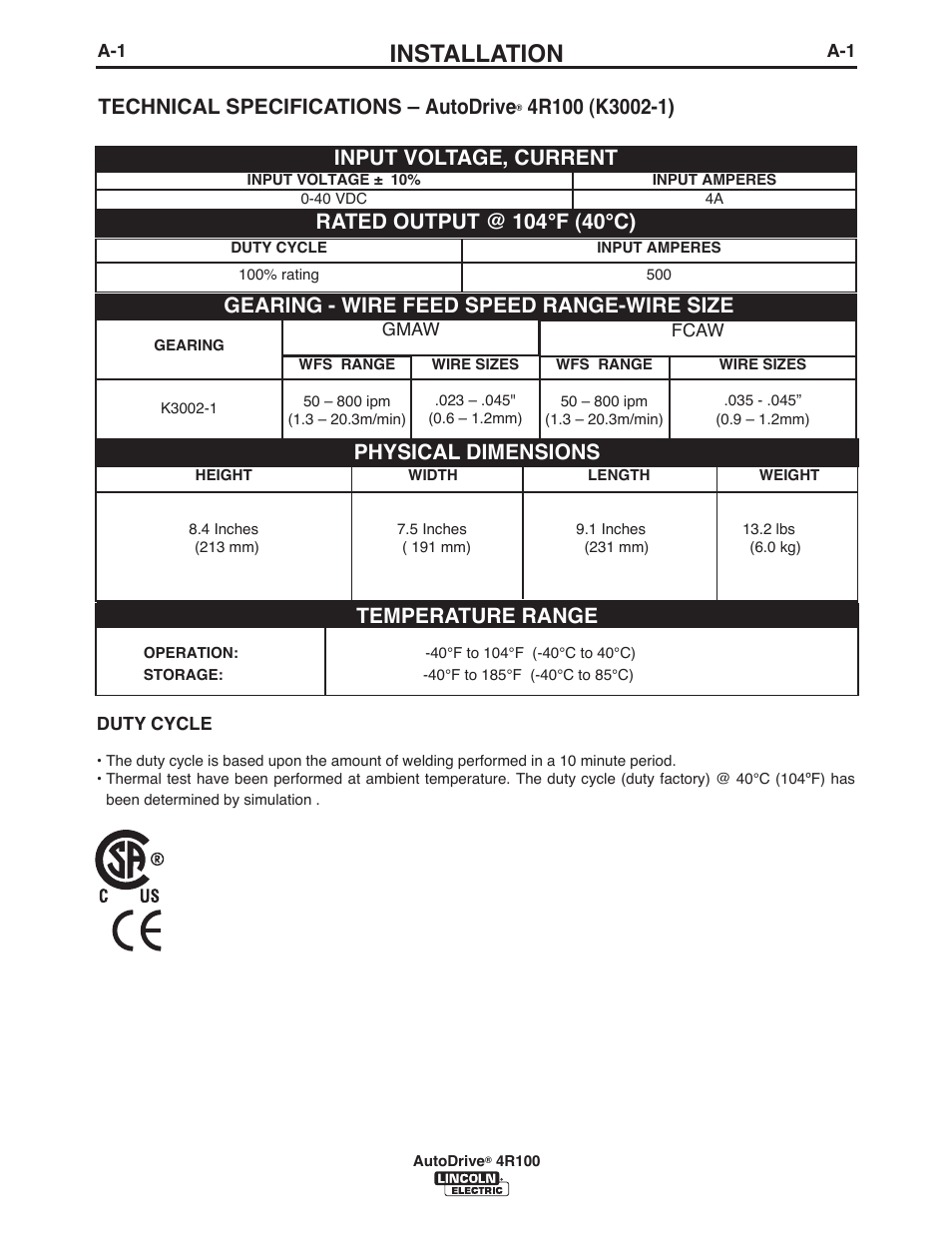 Installation, Technical specifications – autodrive, Input voltage, current | Physical dimensions, Gearing - wire feed speed range-wire size | Lincoln Electric IM10069 AutoDrive 4R100 User Manual | Page 8 / 32