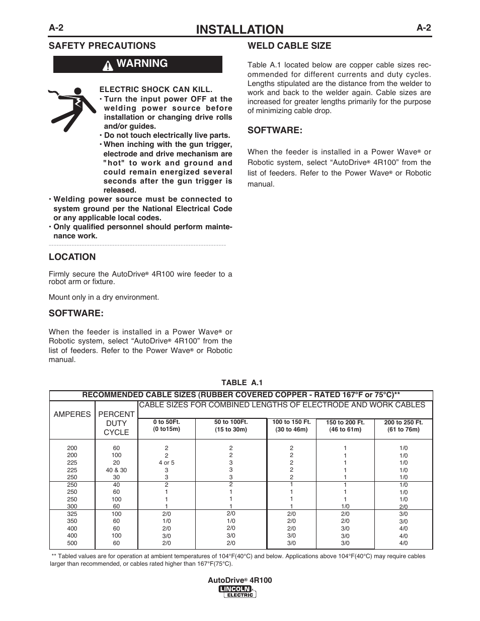 Installation, Warning, Location | Software, A-2 safety precautions, Weld cable size | Lincoln Electric IM10069 AutoDrive 4R100 User Manual | Page 9 / 32