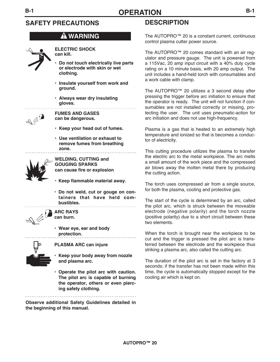 Operation, Safety precautions description, Warning | Lincoln Electric IM10145 AUTOPRO 20 User Manual | Page 11 / 24