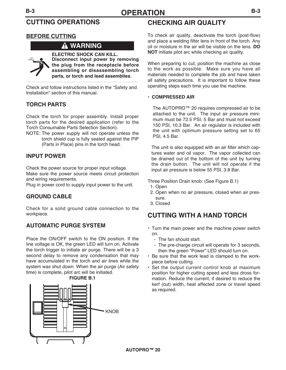 Operation, Checking air quality, Cutting with a hand torch | Cutting operations, Warning | Lincoln Electric IM10145 AUTOPRO 20 User Manual | Page 13 / 24