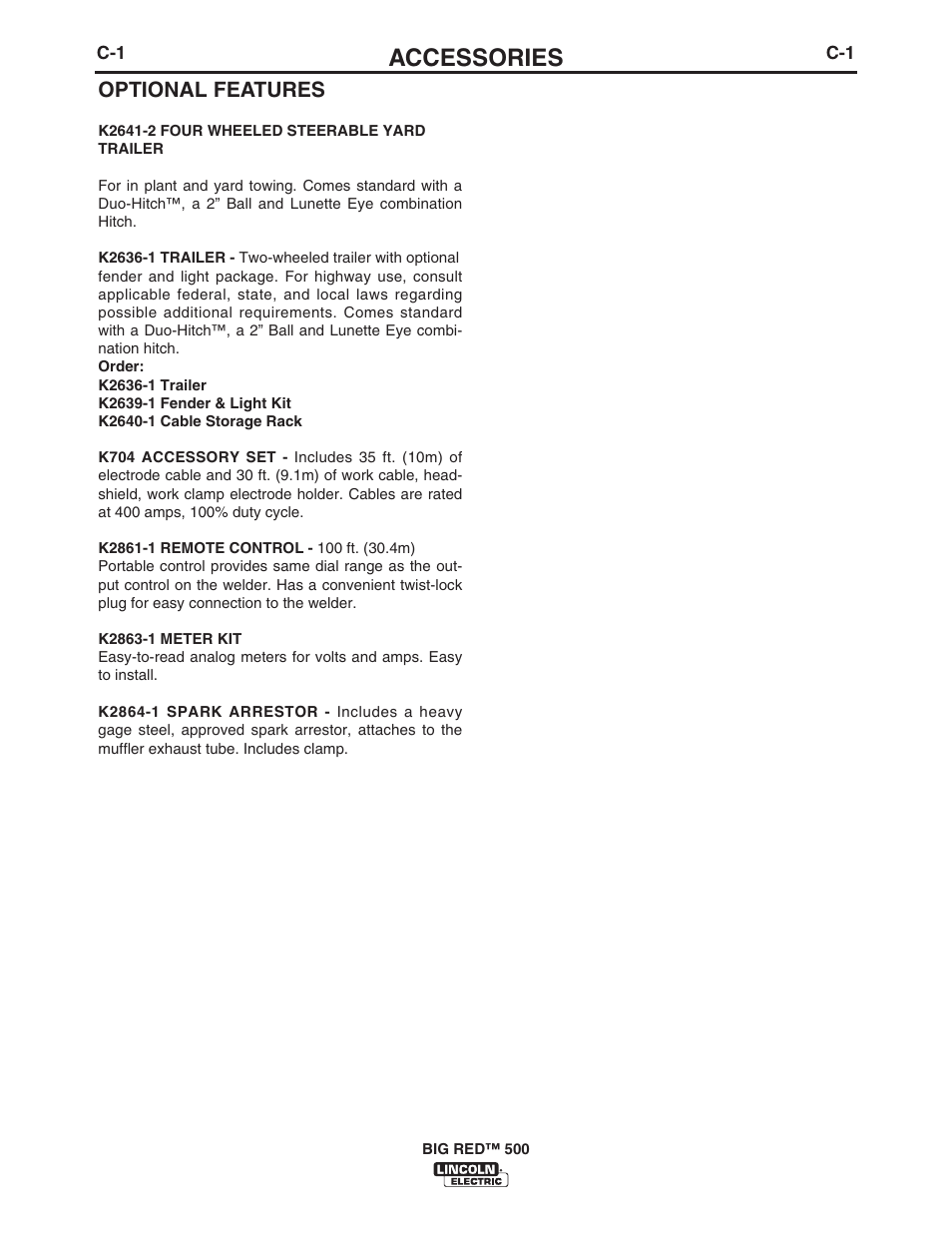 Accessories, Optional features | Lincoln Electric IM10025 BIG RED 500 User Manual | Page 24 / 40
