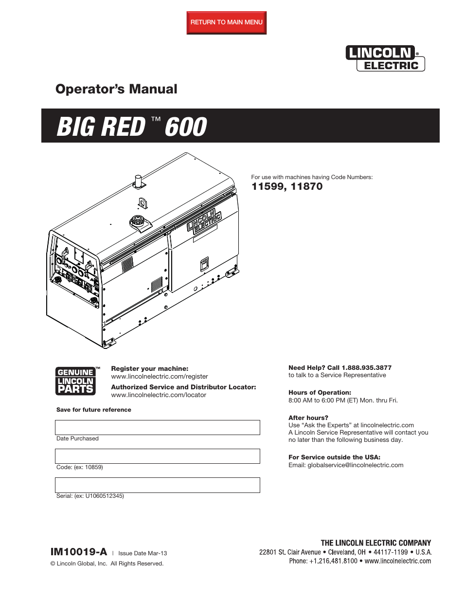 Lincoln Electric IM10019 BIG RED 600 User Manual | 41 pages