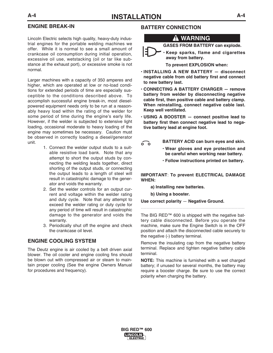 Installation, Warning | Lincoln Electric IM10019 BIG RED 600 User Manual | Page 12 / 41